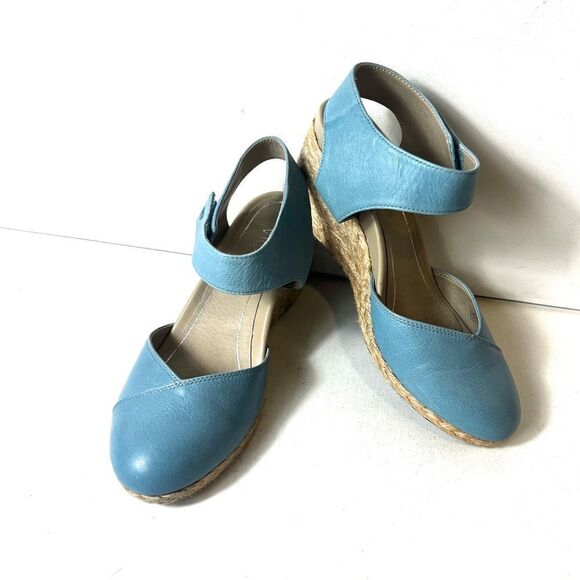 Vionic Blue Leather Wedge Espadrille Womens Size 6 Ankle Strap Round Toe "Loika" - Picture 1 of 11